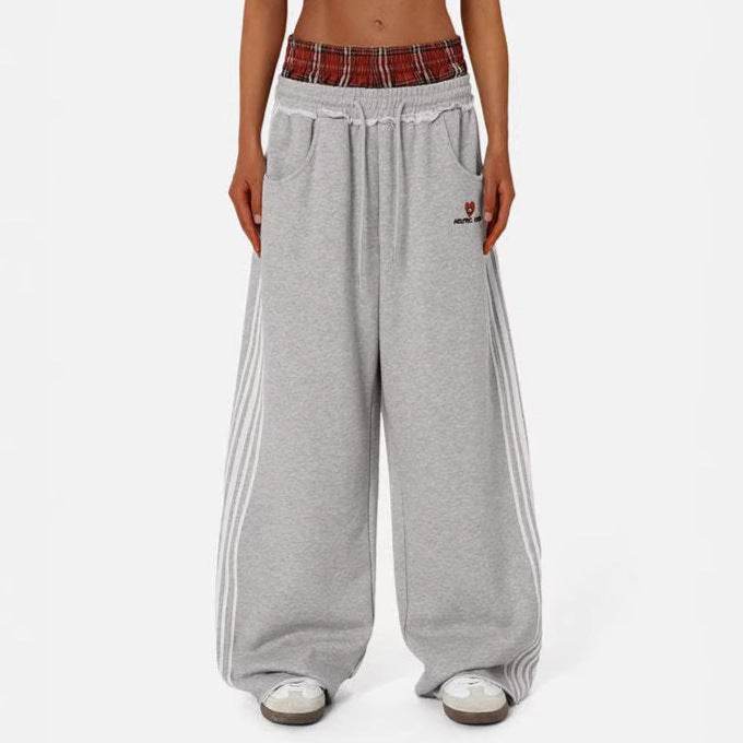 NOXEN "Retro Stripe" Wide-Leg Sweatpants — Szary/Czerwona Krata
