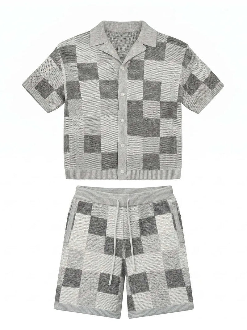 NOXEN Checkerboard Knit Set — Koszula + Szorty (Szary)
