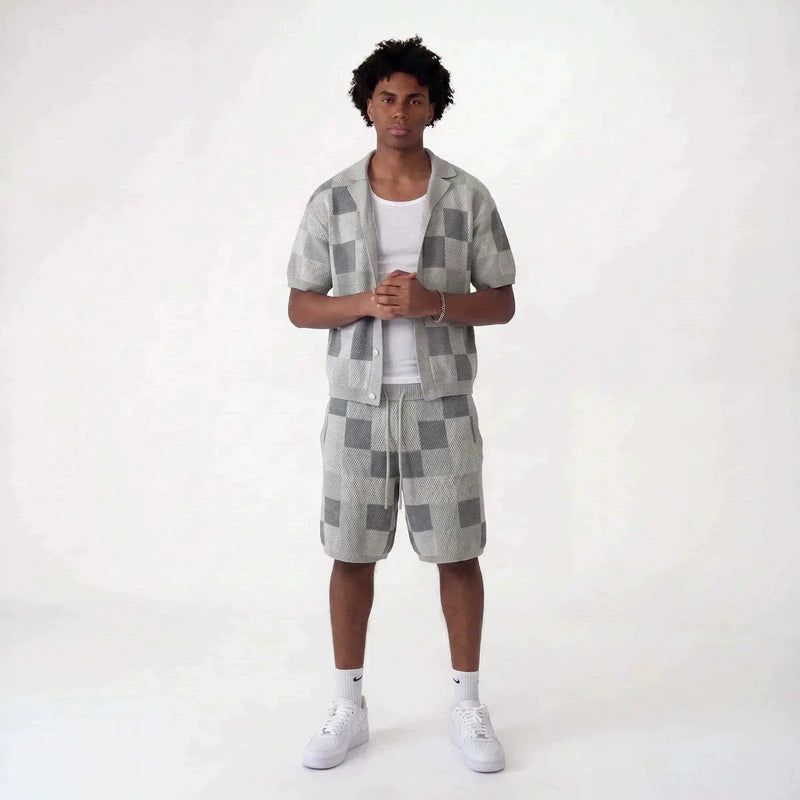 NOXEN Checkerboard Knit Set — Koszula + Szorty (Szary)