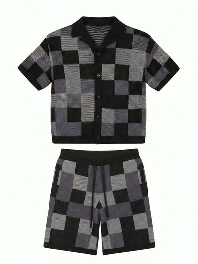 NOXEN Checkerboard Knit Set — Koszula + Szorty