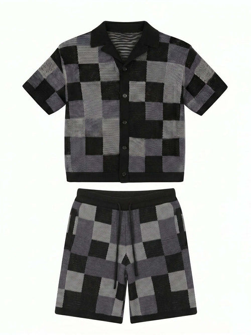 NOXEN Checkerboard Knit Set — Koszula + Szorty
