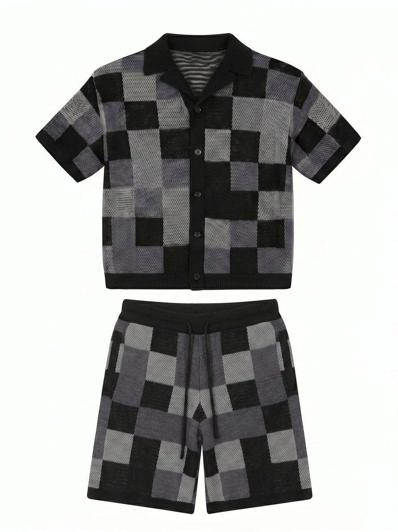 NOXEN Checkerboard Knit Set — Koszula + Szorty