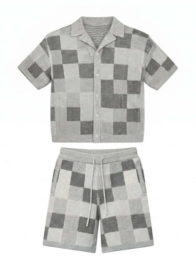 NOXEN Checkerboard Knit Set — Koszula + Szorty (Szary)