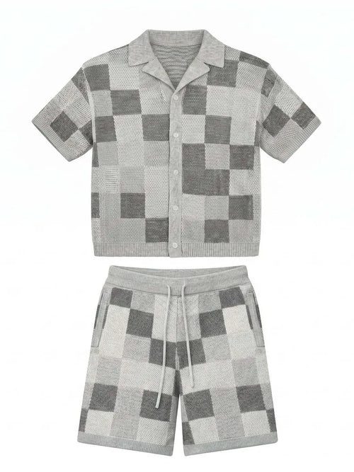 NOXEN Checkerboard Knit Set — Koszula + Szorty (Szary)