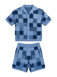 NOXEN Checkerboard Knit Set — Koszula + Szorty (Błękit)