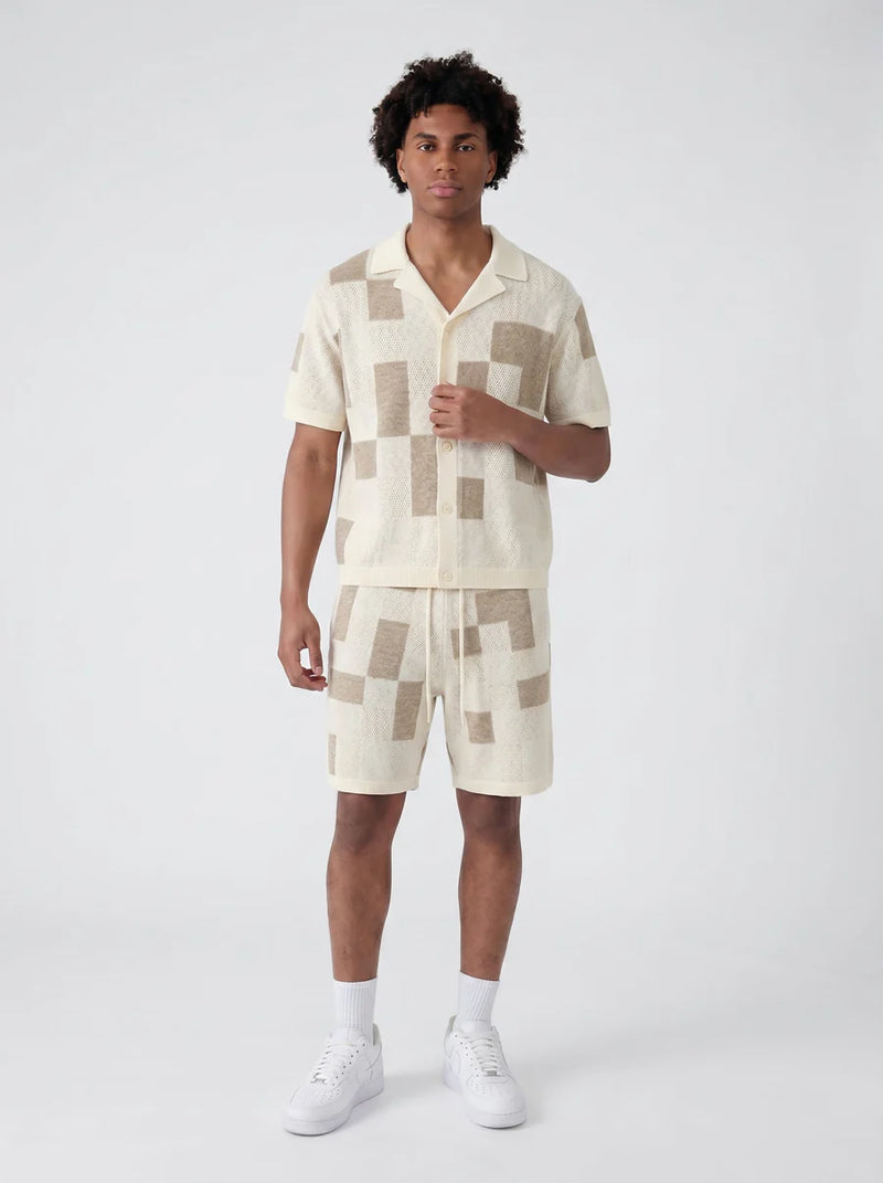 NOXEN Checkerboard Knit Set — Koszula + Szorty (Beż/Cream)