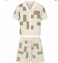 NOXEN Checkerboard Knit Set — Shirt + Shorts (Beige/Cream)