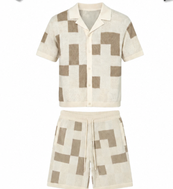 NOXEN Checkerboard Knit Set — Koszula + Szorty (Beż/Cream)