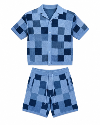 NOXEN Checkerboard Knit Set — Koszula + Szorty (Błękit)