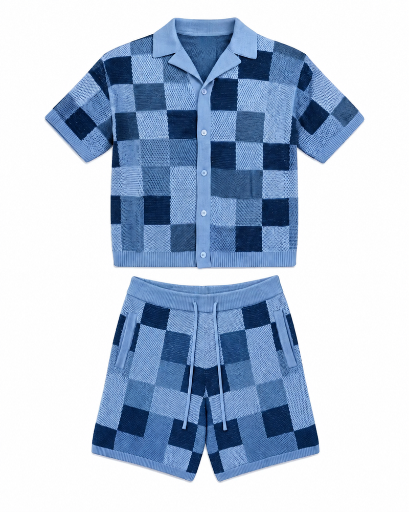 NOXEN Checkerboard Knit Set — Shirt + Shorts (Blue)