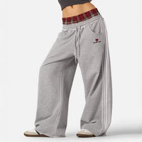 NOXEN "Retro Stripe" Wide-Leg Sweatpants — Szary/Czerwona Krata